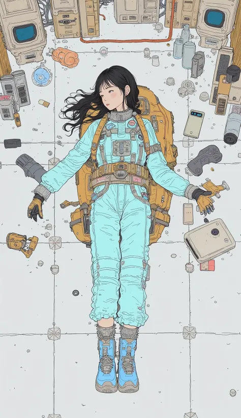  live action、Genuine、A very beautiful Japanese woman in a light blue and beige spacesuit、Woman lying on a pure white floor、 has multiple boards glued together on the white floor .、Joints glow blue、whole body、Woman lying on the floor、Objects placed around h...