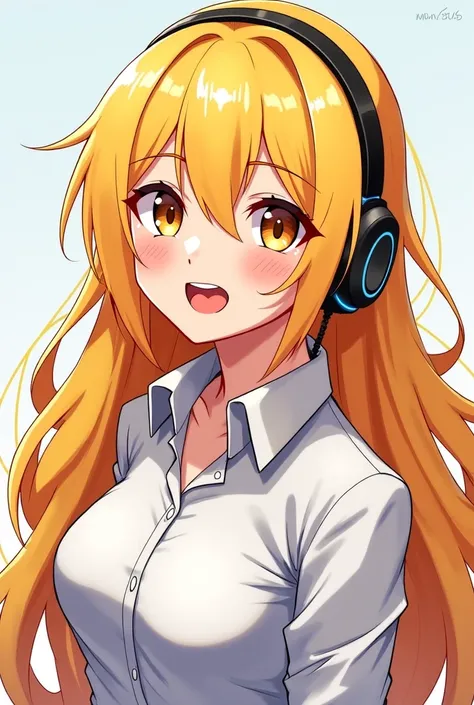 Anime chick with long yellow hair and her shirt is white and she is 20 years old and her style is a gamer chick