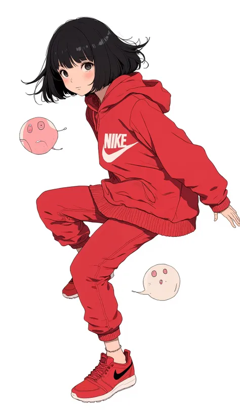  Super Real、  photorealistic、、A beautiful Japanese woman like Minami Hamabe、red nike hoodie、  hotpants、Red G-Shock、Nike red sneakers、  black hair、  short bob、  style fluttering hair、Roundhouse kick、  Dynamic Poses for Play、 Dynamic Expression  、stare at th...