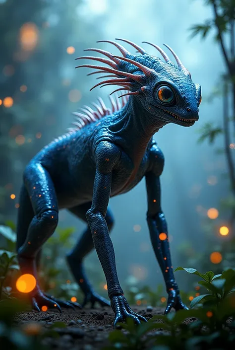 "Create a highly detailed and realistic image of a fictional creature never seen before. This creature should be a hybrid of various animal traits, adapted to a unique and extreme environment. It has bioluminescent patterns on its body, multiple eyes for e...