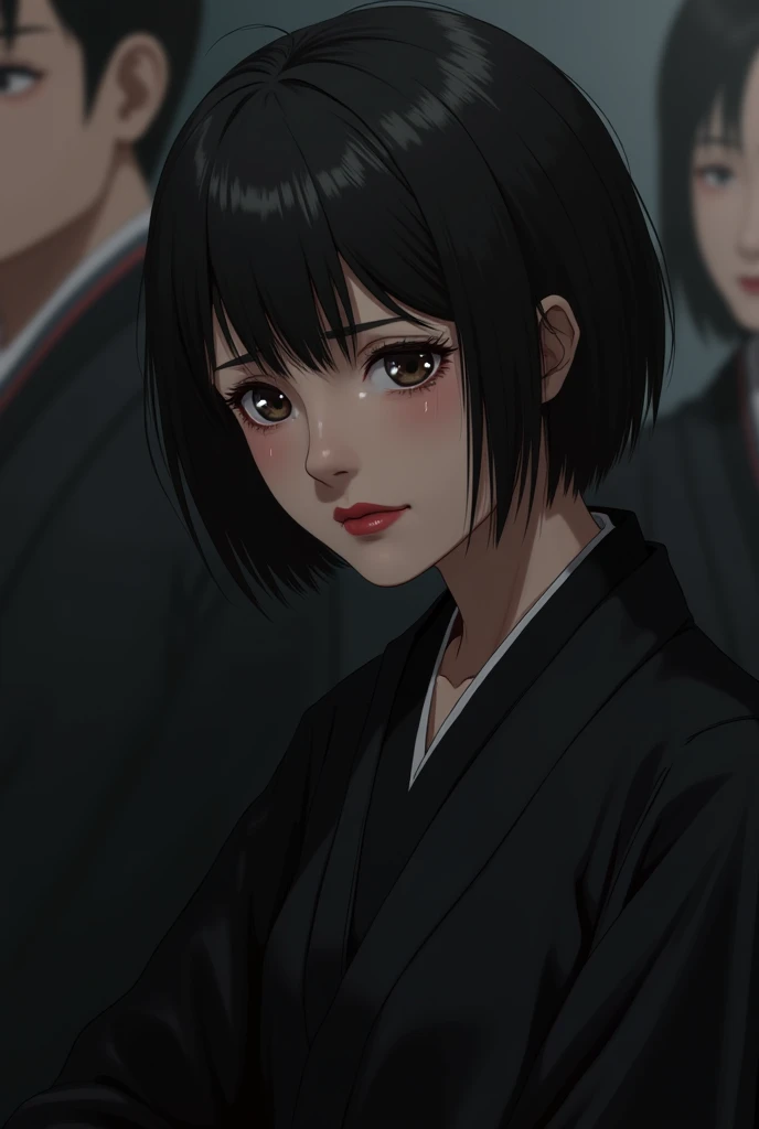 A matura looking woman around 30 years old she is Japanese with short black hair wity sad expression and red lipstick wearing black traditional clothes in japan in a funeral 