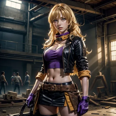 nighttime, stars, yangxiaolong, yang xiao long, long hair, blonde hair, (purple eyes:1.3), ahoge, bangs, BREAK cleavage, jacket, black skirt, belt, mechanical arms, single mechanical arm, prosthesis, prosthetic arm, smile, BREAK standing in post apocalypti...