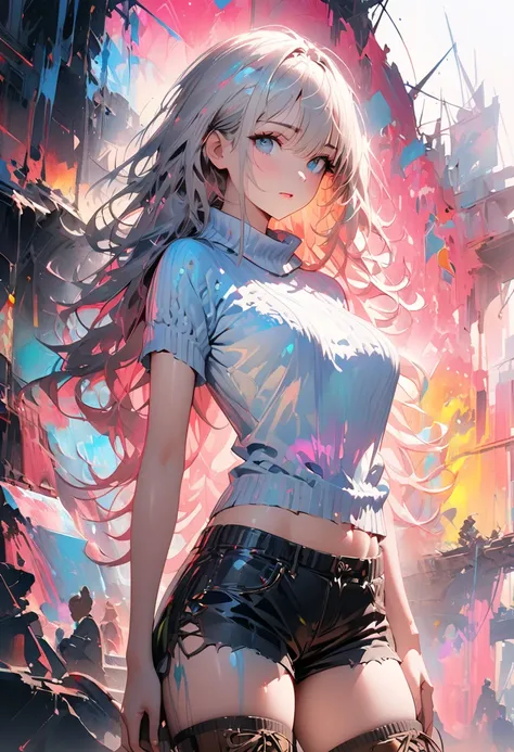 ultra detailed, absolutely resolution, masterpiece. 
fusion of watercolor, acrylic and collage, conceptual installation art, various iridescent effects. 
beautiful woman, shining glossy silky silver fluffy hair, captivating blue eyes, sexy beauty expressio...