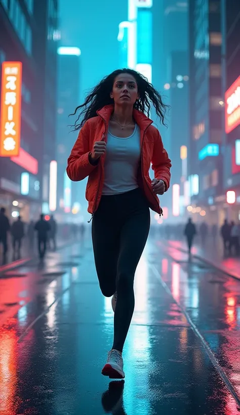 A woman running through a futuristic city, neon lights reflecting on the wet pavement. She has a determined look, symbolizing perseverance and success. The background features tall skyscrapers with glowing signs.

