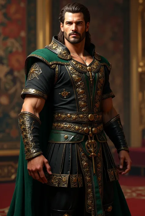 Realistic and detailed image of a tall, athletic and handsome man with shoulder-length short brown hair, small beard and brown eyes, wearing black, green and royally expensive medieval clothing.