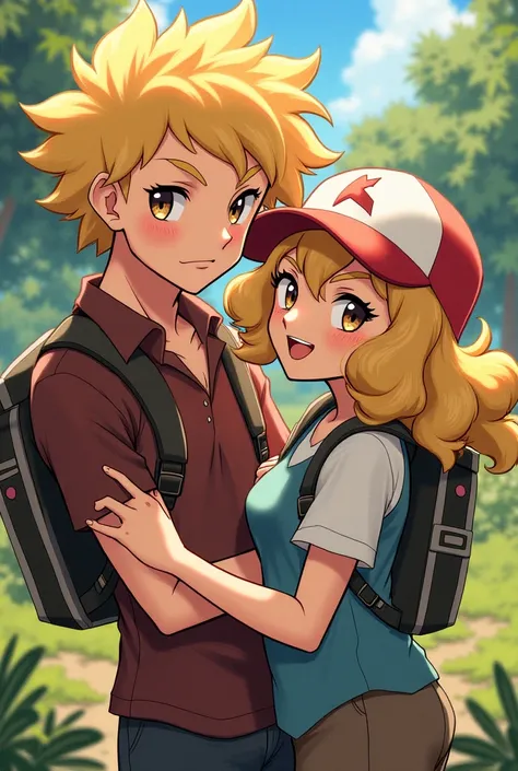 Dessin d'un couple de dresseur pokémon : une fille blonde au cheveux très bouclés et les yeux marron et un garçon avec des cheveux marron clair. Il a une barbe et des yeux asiatiques marron 