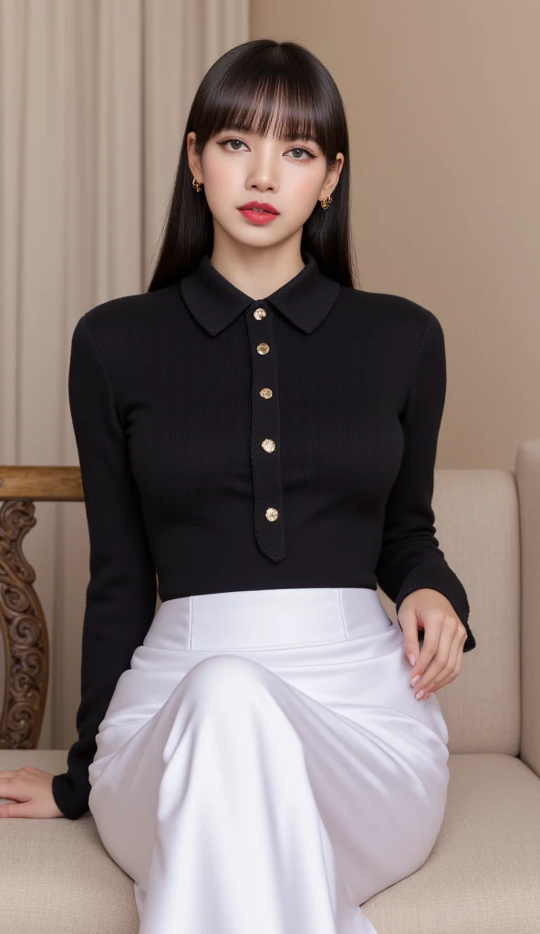 a female teacher , sitting on the sofa,  body and legs facing front,  use formal shirt color black, Wearing a long skirt to the legs in white,  big and round boobs ,  red lips