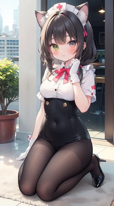  wearing beautiful clothes （the maid outfit），maid nurse ，，Heterochromia， This cat is cute ，Cat ears，coda， wearing a ball-shaped headdress，Hair，（Gloves）， lace pantyhose ，动态posture，Photograph，posture，Sit posture，floor， indoor，City， full-body photo 