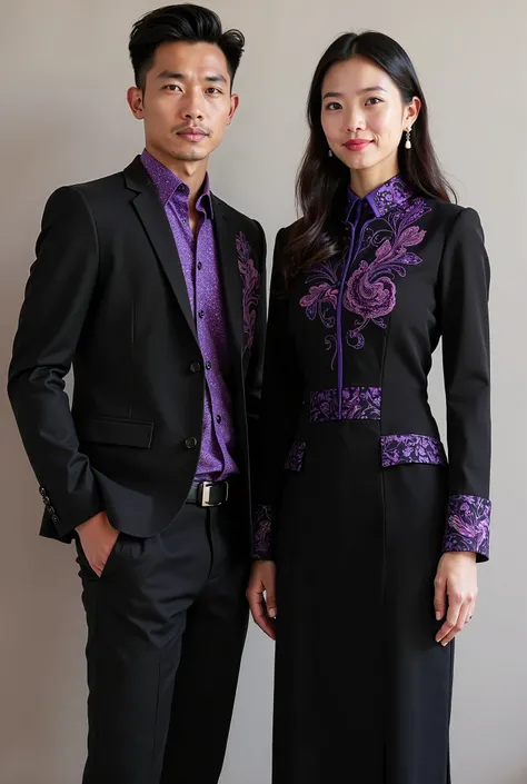 Philippine style of front office uniform for men and women with violet designs and a black coat and skirt for women and pants for men