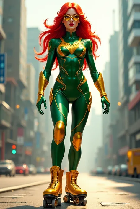  A redheaded superheroine seen in full length with a green and gold costume, golden roller skates ,  a golden roller helmet and futuristic glasses  