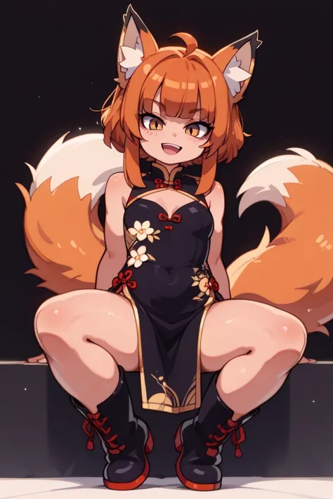  1 woman(masterpiece,  top quality,  Amazing Quality ,   very aesthetic  ,  high resolution,  Super Detail,   is ridiculous)、background(Blacksmith)、 Orange Hair( very short( Unkempt Hair)、 fox ear、Black long Chinese dress( BIG SLIT 、Purple Ornament )、 Whip...