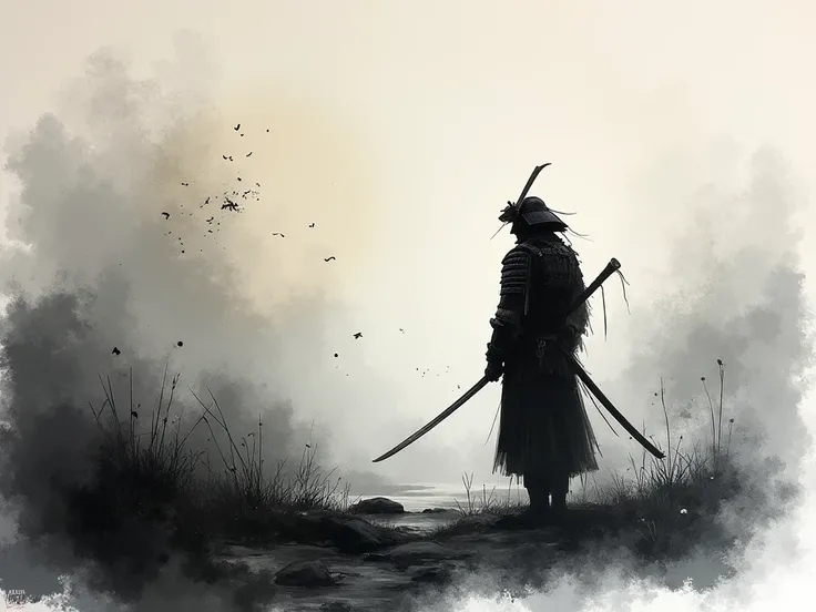 Samurai  portrayed as a Twilight Ink Reverie, where delicate ink washes and bold brushstrokes merge to craft a dreamlike scene. The interplay of soft grays and deep black shadows evokes quiet mystery and introspection