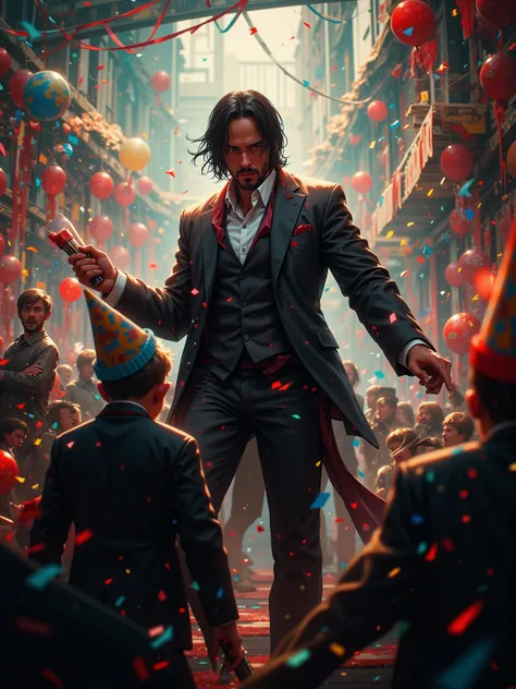 John Wick Fights in party Cracker , party cracker on hands , party hat