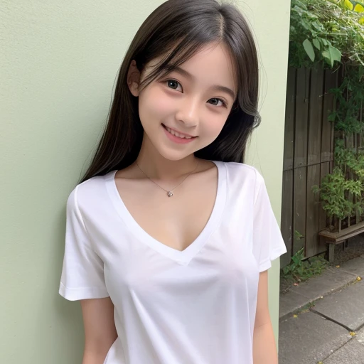    she's smiling 、 white skin、One middle school girl、 beautiful nipples 、 v-neck shirt