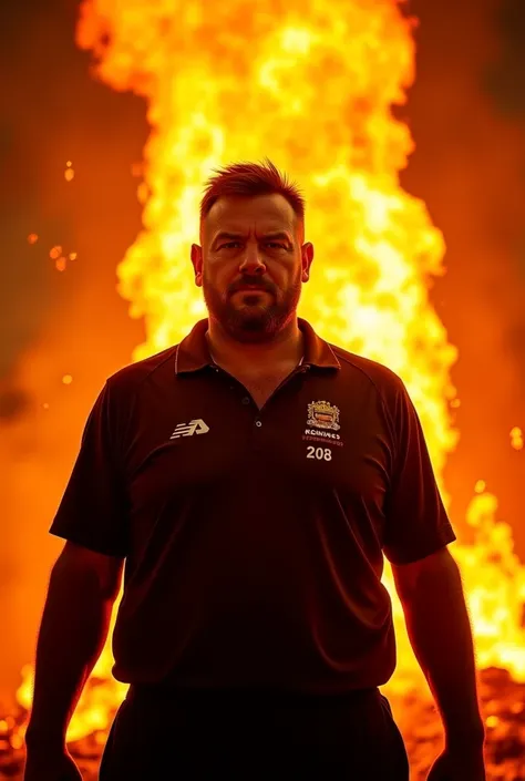 "A fierce, slightly fat, middle-aged, and commanding beardless cricket player stands defiantly in front of a towering inferno, with roaring flames twisting violently behind him. His expression is intense and fearless, embodying raw power and unrelenting do...