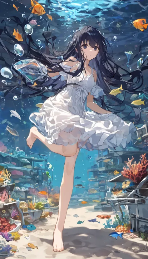 (( dark blue hair long hair 1 girl:1.4))，Full body solo shooting、((seabed:1.4))、Floats in water、Lots of small fish、(( white dress 、 barefoot))、Floating、A lot of bubbles、jellyfish、Jellyfish、Coral Reef、Starfish、Various fish 、Blue Fish、School of sardines、Sink...