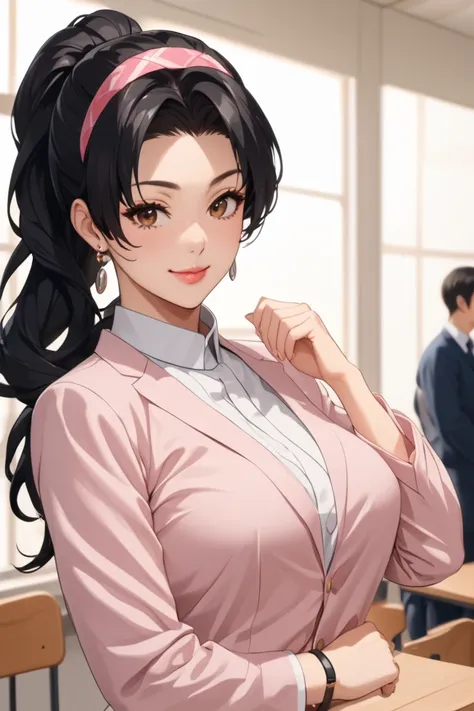 Married Woman, Mature Woman,  standing,  piece with both hands, Slightly turned-in,  black hair,  ponytail ,  cosplay, uniform, 高校のuniform,  pink headband,  high school classroom , Face of a 38-year-old male physical education teacher standing , solo,  lon...