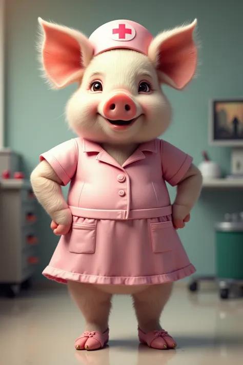 photorealistic portrait of Dressed animals - a ((fat))  (baby pig) nurse,(elegant pose:1.2),(furry),(hands on hips:1.5), (elegant smile:1.2),(),high quality,(lovely) ,intricate details, highly detailed ((pink nurse costume)), wearing nurse cap and skirt ,n...