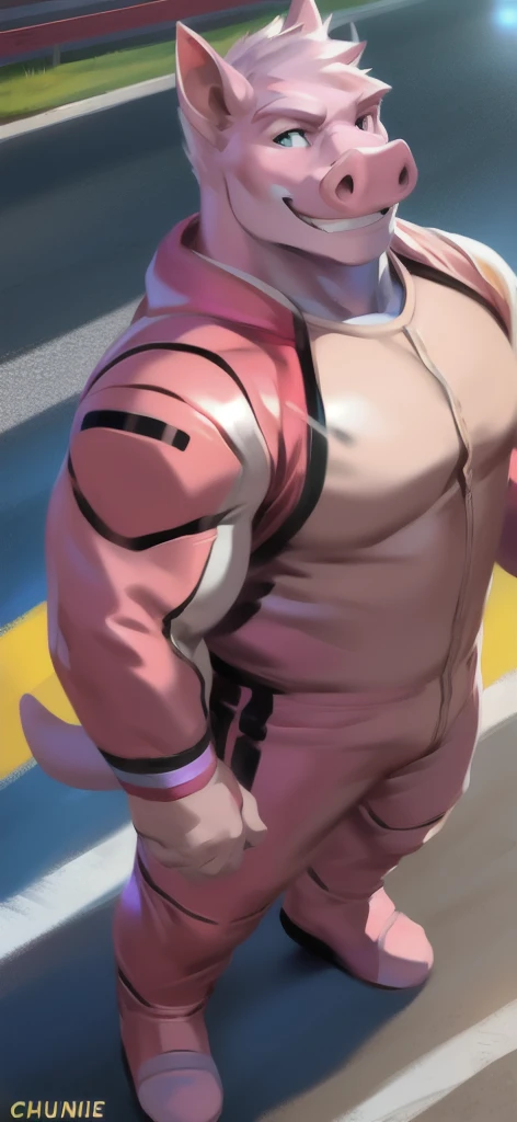  alone, male Tall​,huge​ body​, stand, road,pig rhino ice pink ,  pink military spacesuit,  heavy overload,  muscle bundle, smirking happy ,by chunie ​