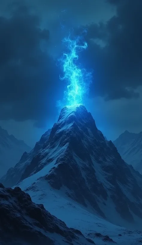  dark and nighttime environment. A blue fire on top of a mountain