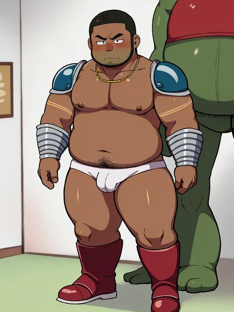 Cartoon network style , (masterpiece, best quality:1.2), 1man, solo, Chubby, Papa, Chubby , Dark-Tan skin , crew cut , ashamed face , armor , shoulder armor , closed mouth, standing , boots , full body