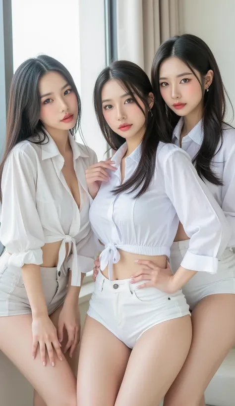  three women in short skirts and white shirts are taking pictures,   young skinny gravure idol  ,    young and cute gravure idol   ,    young gravure idol   ,   Woman in flowing clothes   ,  cgstationinトレンド入り , Realistic    young gravure idol   ,     young...