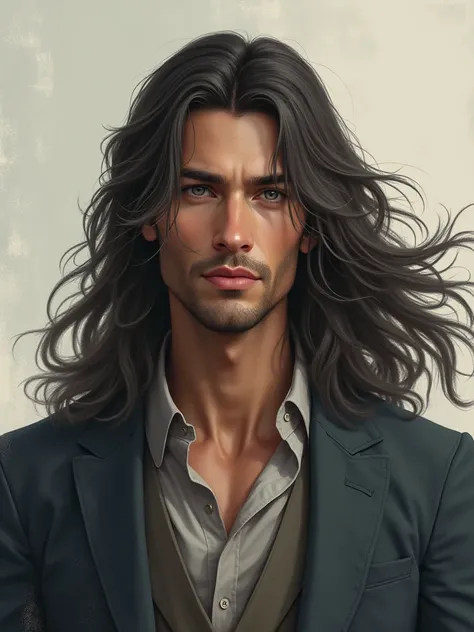 Draw a handsome man with high tone long hair and a single layer of kindness