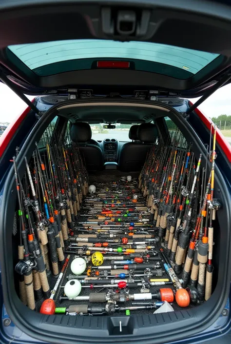 Photo of a car trunk with hundreds of fishing rods and reels inside