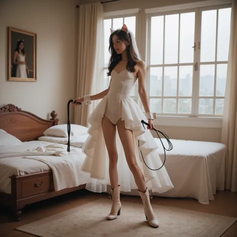   1 girl,  slim ,   pink straight long hair, zopf , Cat ears,   masterpiece ,    anatomically correct  , UHD,   Super detailed , further away  , Sheepboots , Arm cuffs , long corse wedding dress   ,   realistic   ,  bedroom  ,   small breasts, Sex toys, , ...