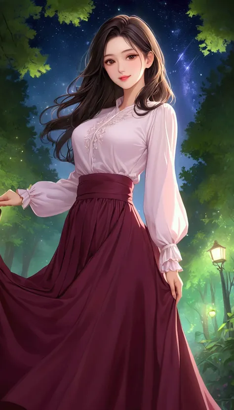  masterpiece,   top quality of talks,   Super Detail,   Best Shadow,   one beautiful girl , Dark Maroon Long Hair  ,   beautiful brown eyes ,  beautiful pink lips,   beautiful detailed faces from faces and clothes  , Moderate bust,  Detailed digital illust...