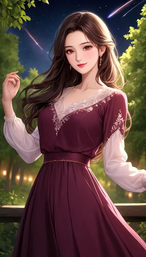  masterpiece,   top quality of talks,   Super Detail,   Best Shadow,   one beautiful girl , Dark Maroon Long Hair  ,   beautiful brown eyes ,  beautiful pink lips,   beautiful detailed faces from faces and clothes  , Moderate bust,  Detailed digital illust...