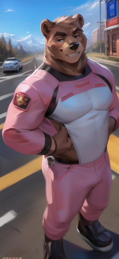  alone, male Tall​,huge​ body​, stand, road,bear Fang ice pink ,  pink military spacesuit,  heavy overload,  muscle bundle, smirking happy ,by chunie ​