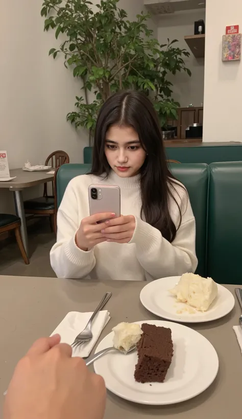 Person 1:- A woman sitting at the table in the background, holding a phone, likely taking a picture or video. She is wearing a white sweater and has long black hair. She is looking down at her phone.
Person 2:- A person in the foreground, not fully visible...