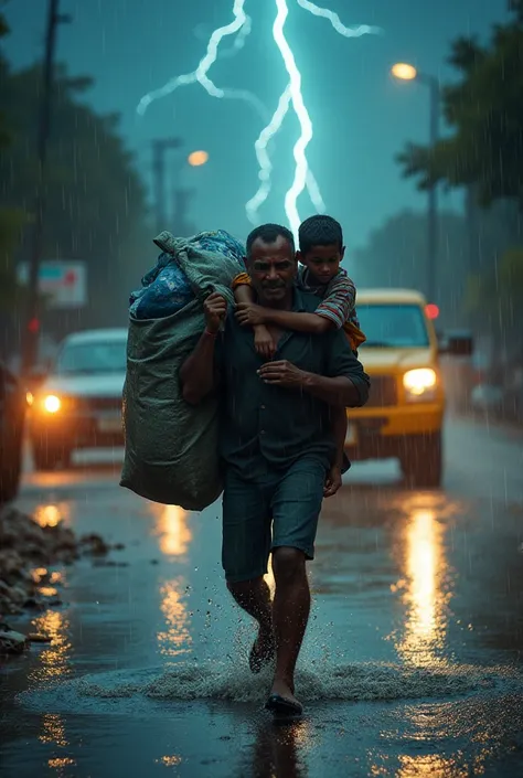 depicting a heart-wrenching scene of a father, a waste collector, navigating through a torrential downpour on a busy urban road. He is carrying a young boy, approximately 5-, on his back, while struggling to drag a large, heavy sack filled with recyclables...