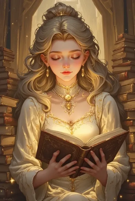 Sophia finds the old book
- Image: Sophia sitting in a dusty, old library, surrounded by stacks of books, with a look of curiosity on her face, holding an old, leather-bound book.