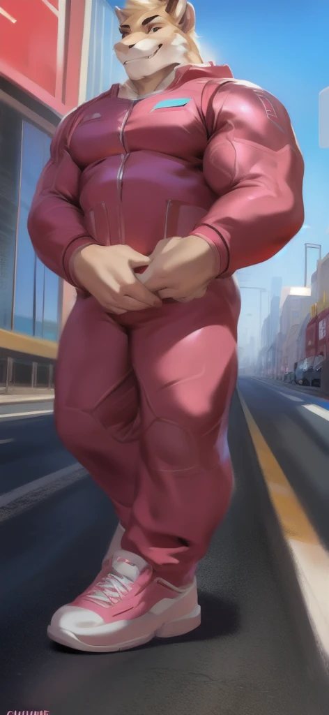  alone, male Tall​,huge​ body​, stand, road,mammoth ice pink ,  pink military spacesuit,  heavy overload,  muscle bundle, smirking happy ,by chunie ​