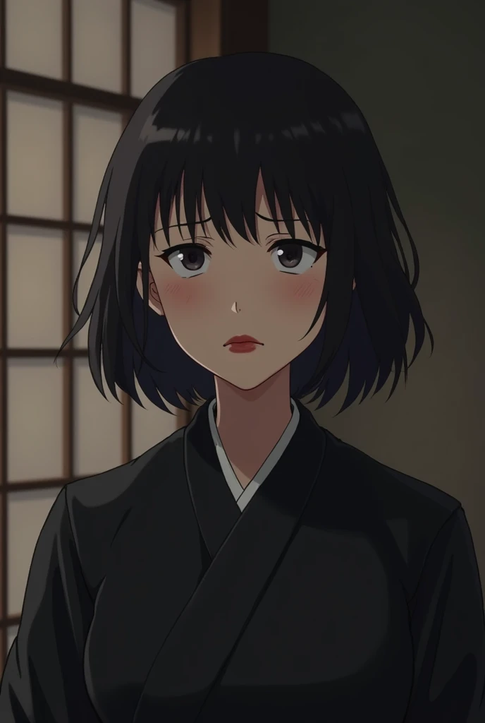 A matura looking woman around 30 years old she is Japanese with short black hair with sad expression and red lipstick wearing black traditional clothes in japan in a funeral with matura body her expression must be sad and desperate in animated style with m...