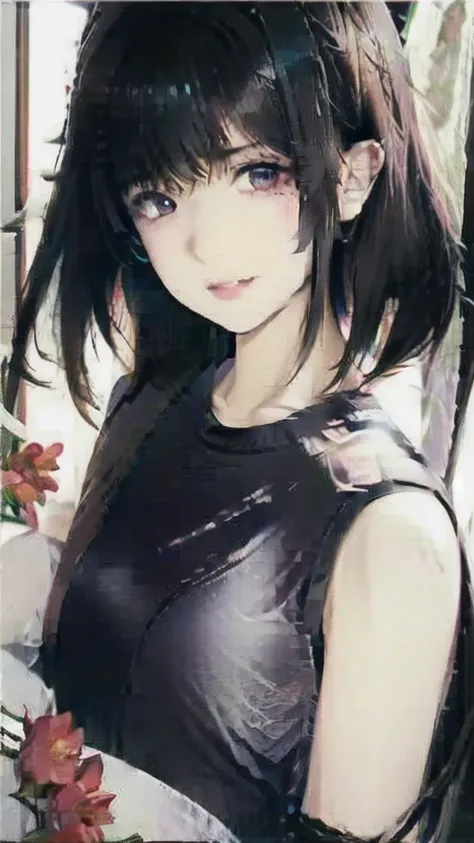 1girl, (solo:1.2), ((masterpiece)), (shadow), [slim], (small breasts), ((sharp focus)), pale skin, ((detailed eyes)), (blurry background), (dynamic angle), black hair, closed mouth, tank top, interior, living room, messy hair, looking at viewer, cold expre...