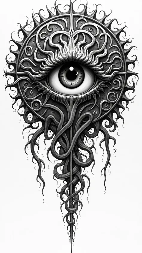 Endless mandala , realistic archdemon's helleye. in black and white , tattoo sketch.