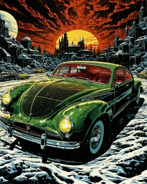 Cars future baroque meets sci-fi and futurism high tech, tapestry, polis, action scene, eccentric smile, touch of futurist mixed with only a bit of antique, nude, transparent veils, retro photo album cover tones, antique sci-fi, templar sci-fi, Realistic p...