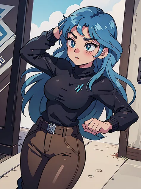 Girl blue hair and blue eyes, very sexy, black sweater, brown pants, army boots 