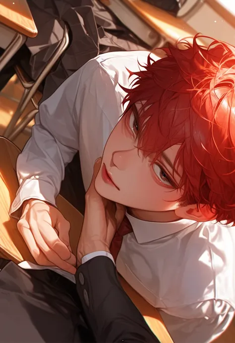 A male，  dark red hair，School classroom，Sit at the table，Hand on chin， sit-up position on a chair sofa，Head perspective ，look up， Korean comic style ， young and full of energy， Good condition ，grey suit school uniform white shirt，Korean school uniform