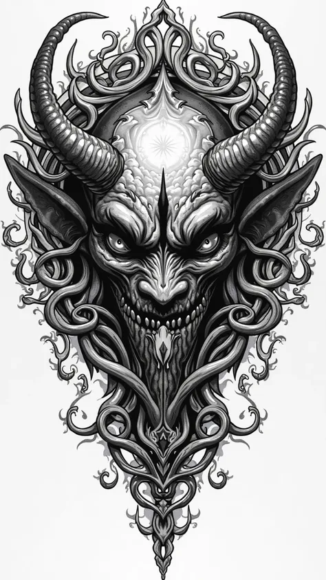 Endless mandala , realistic archdemon's helleye. in black and white , tattoo sketch.