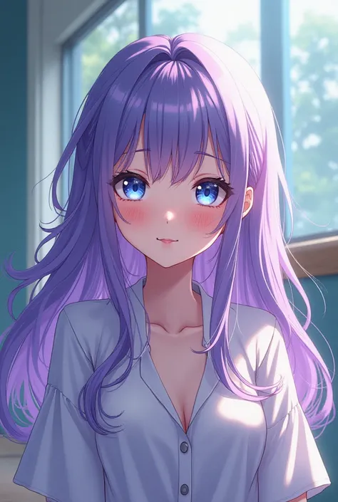 Cute appearance,Blue eyes, purple hair like the ocean ,, affectionate expression,The hair is long,,The background is a middle school , woman,Like anime 