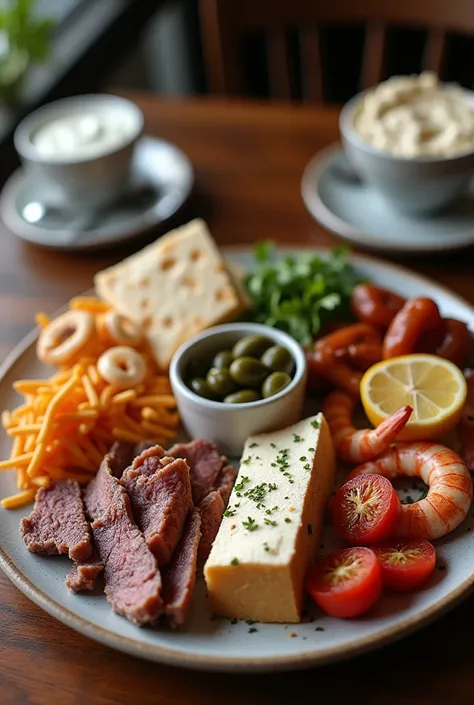 Gods’ Platter: Feta, olives, grilled meats, hummus, and pita bread.
• Poseidon’s Feast: A seafood platter with calamari, prawns, and tzatziki dip. Make a photo that looks like it is photograph inside a cafe