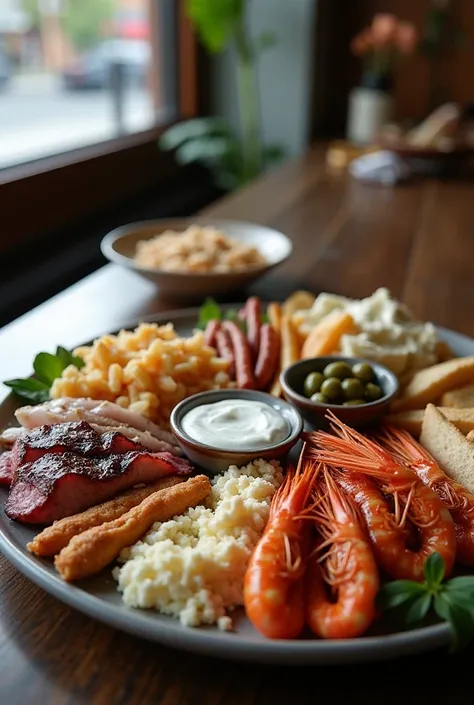 Gods’ Platter: Feta, olives, grilled meats, hummus, and pita bread.
• Poseidon’s Feast: A seafood platter with calamari, prawns, and tzatziki dip. Make a photo that looks like it is photograph inside a cafe