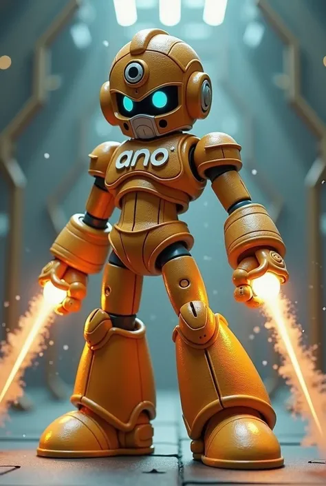 An Android that looks like mega man but  made of bread that shoots 
laser and his name is mighty number 9 and please type the word ANO in the picture and in a snow storm 
