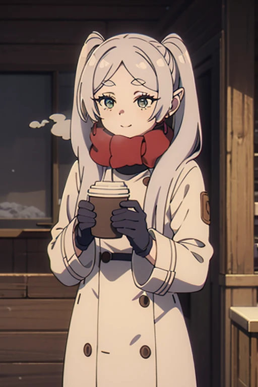  葬送の Freelen, Freelen,happy,a cute adult women wearing a warm winter coat and scarf, standing in a snowy landscape, steam rising around her, with rosy cheeks and wearing gloves,longeyelashes,soft lighting,snow,winter,cozy,warm,steam,red cheeks,gloves,muffl...