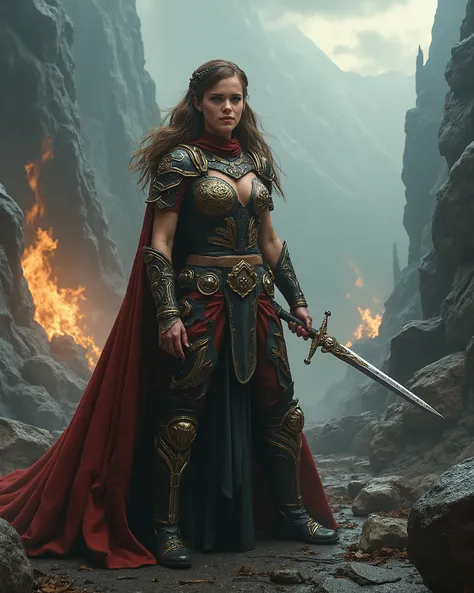 ( extremely detailed CG unit 16k wallpaper:1.1), (Denoising strength: 1.45), (masterpiece:1.37), game style , Emma Watson as Warrior Princess Xena, hiper HD, dark fantasy