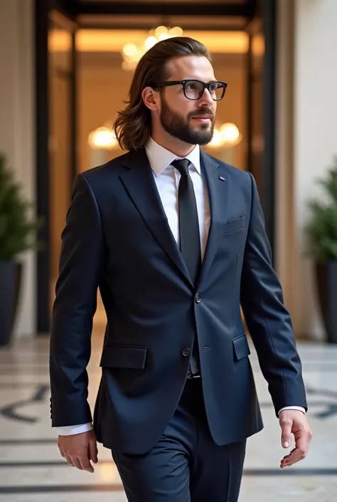  Create the profile image of a bearded and wealthy man with dark glasses successful in life, Handsome man with cropped beard and long hair dressed in a suit holding hands while walking outside a luxury hotel
